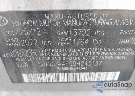 2013 Hyundai Elantra Gls z USA, uszkodzony, nr VIN 5NPDH4AE5DH245137